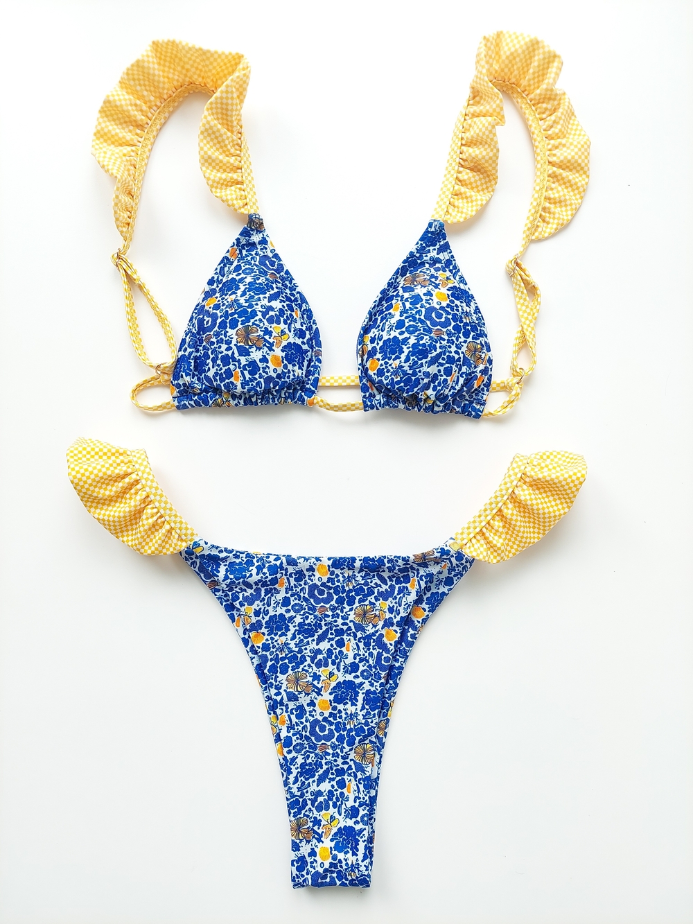 Strawberry Milk Mob Size M Cora Bikini Set Top+Bottom Blue Floral Yellow Ruffle